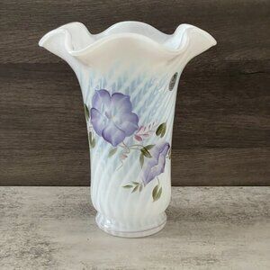 Vintage Fenton Heirloom Optic Glass Hand Painted Purple Flower Signed Vase 8"